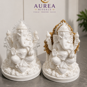 Ganesha Exclusiva em Resina Branca com Folhas de Prata ou com Folhas de Ouro