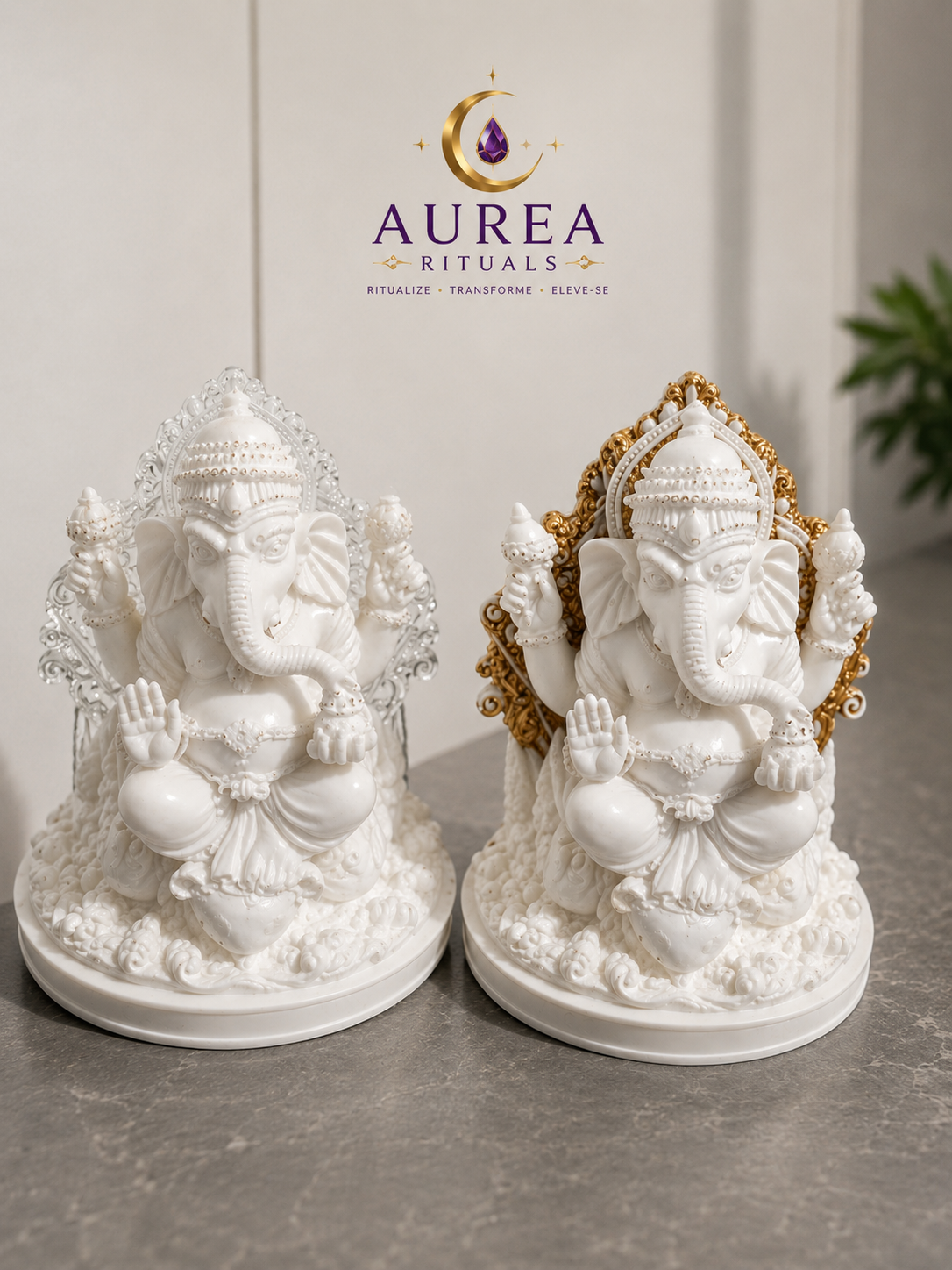 Ganesha Exclusiva em Resina Branca com Folhas de Prata ou com Folhas de Ouro