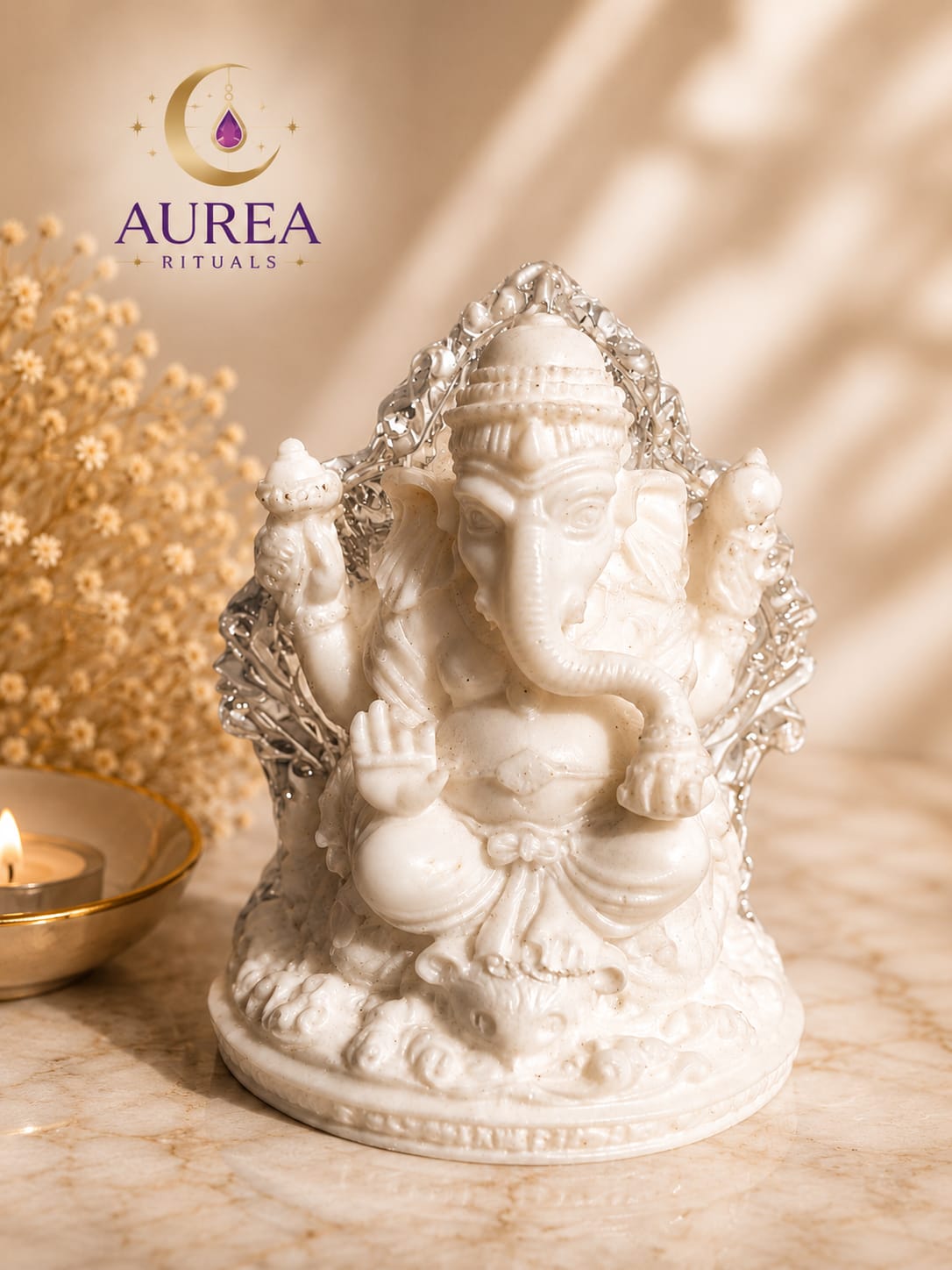 Ganesha Exclusiva em Resina Branca com Folhas de Prata ou com Folhas de Ouro - Image 2
