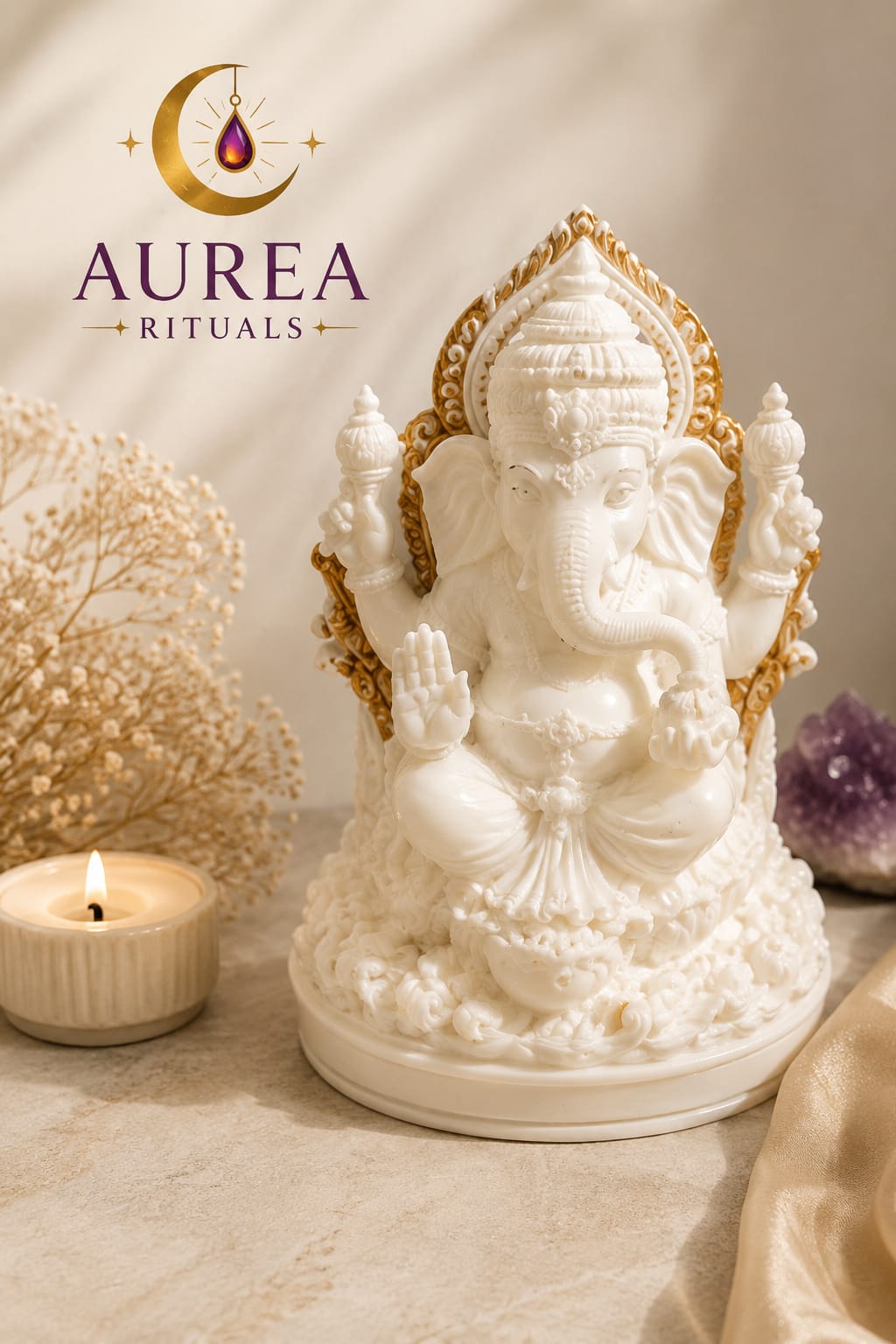 Ganesha Exclusiva em Resina Branca com Folhas de Prata ou com Folhas de Ouro - Image 3