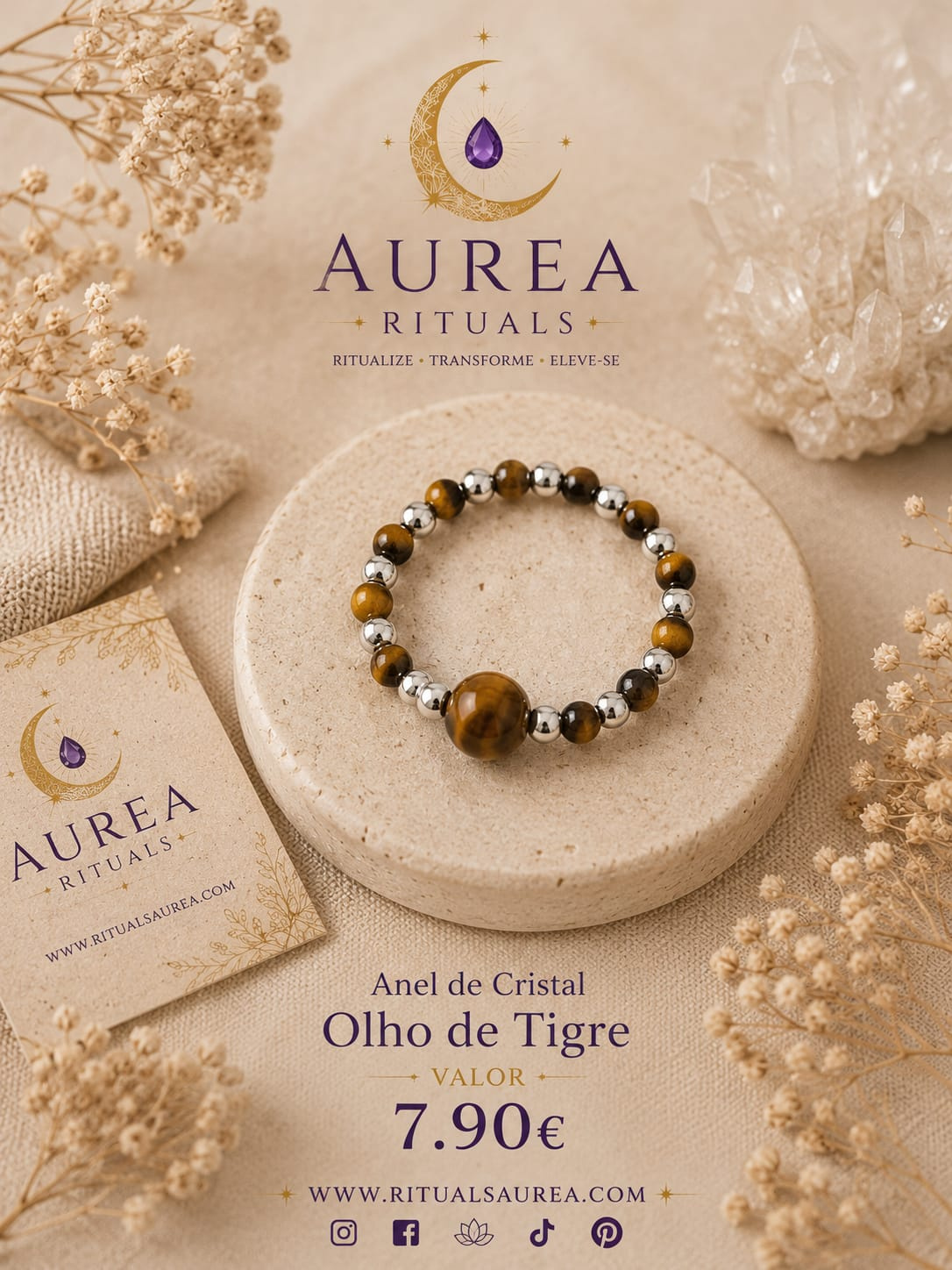 Anel de Cristal Natural  Olho de Tigre