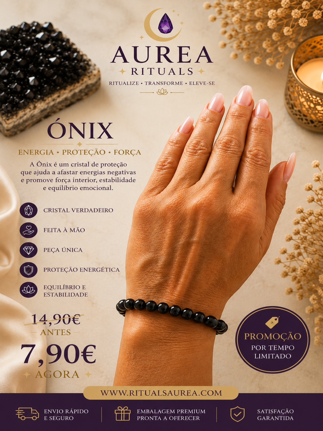 Pulseira de Ónix Negra – Cristal Natural 6 mm