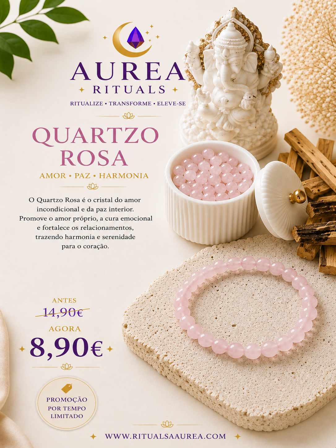 Pulseira de Quartzo Rosa – Cristal Natural 6 mm