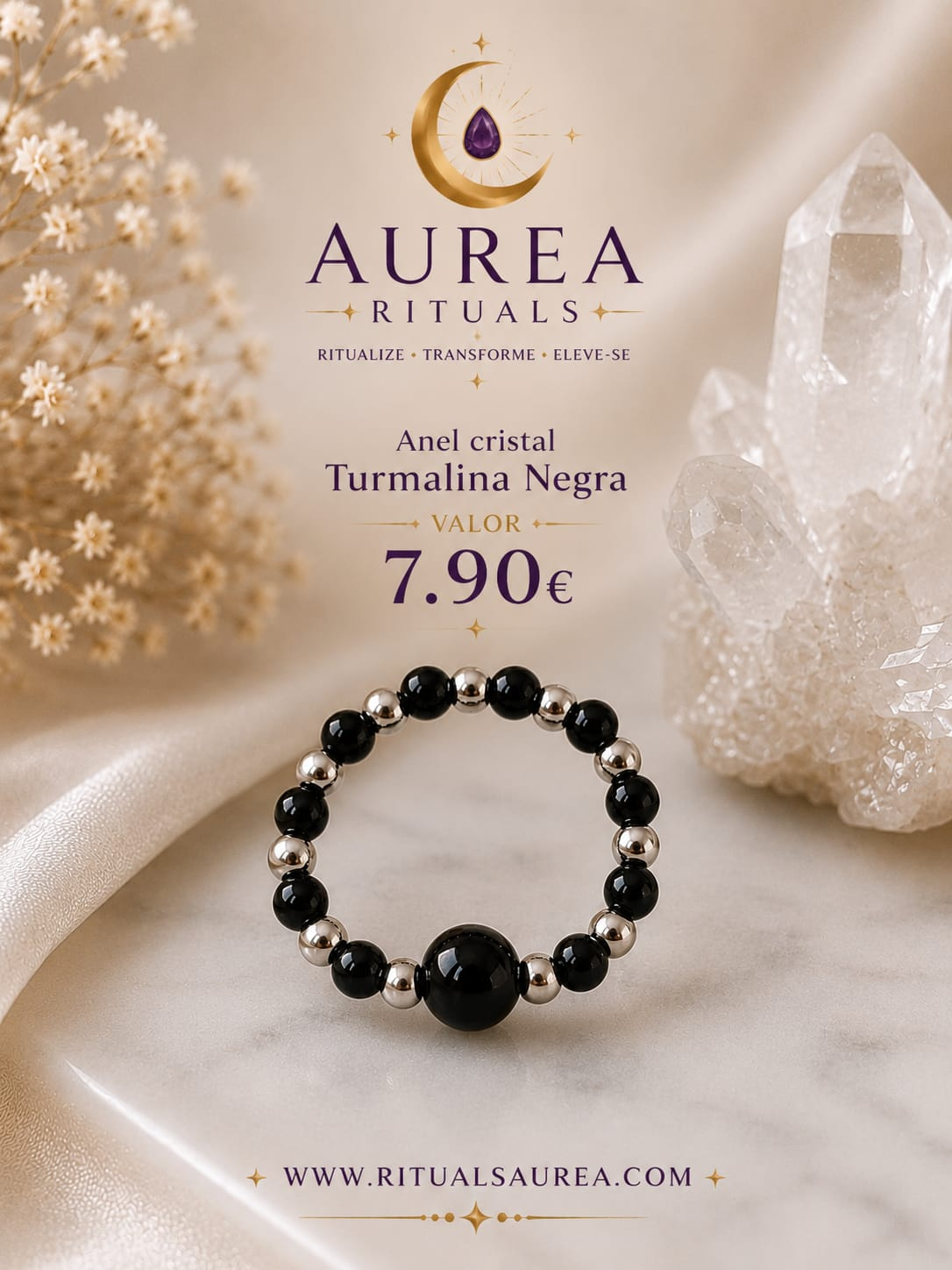 Anel de Cristal Natural  Turmalina Negra