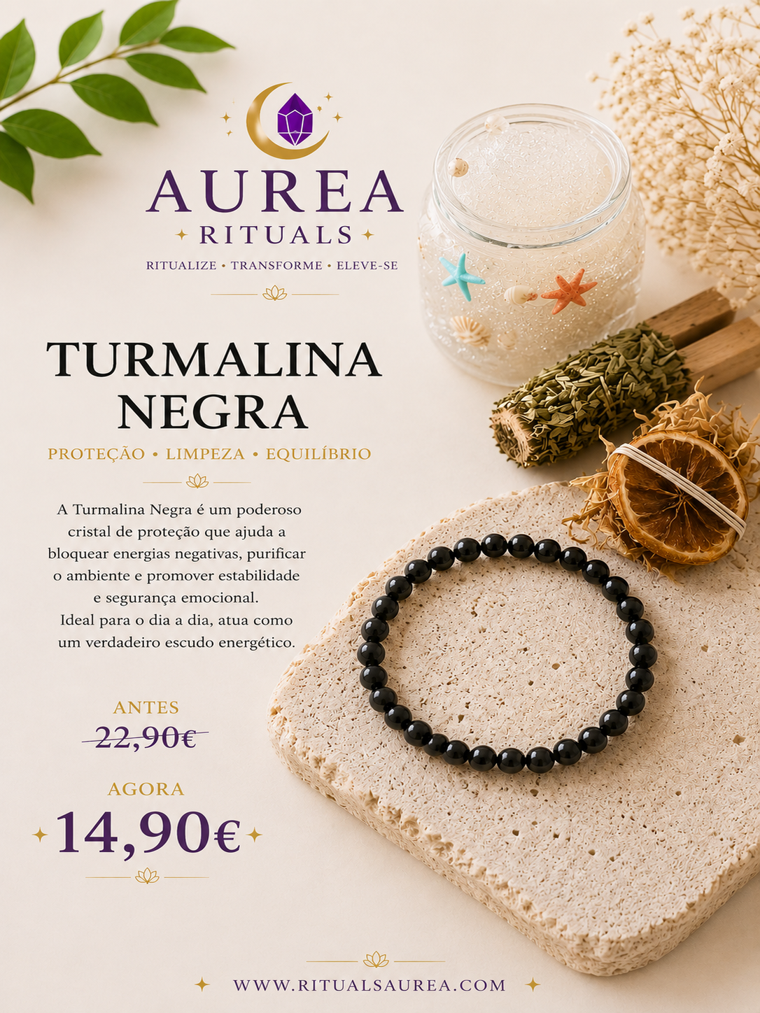 Pulseira de Turmalina Negra – Cristal Natural 6 mm