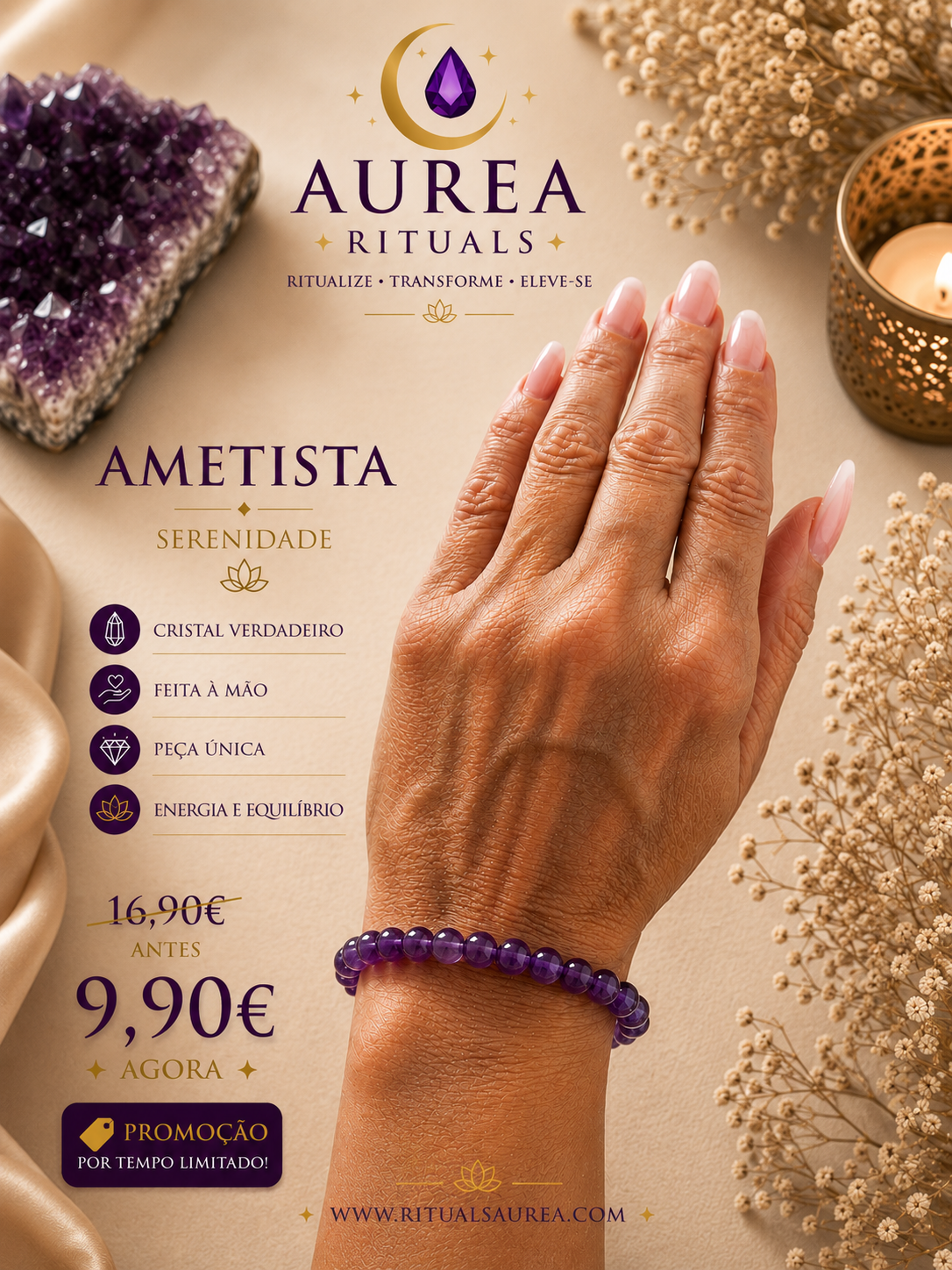 Pulseira de Ametista  Cristal Natural