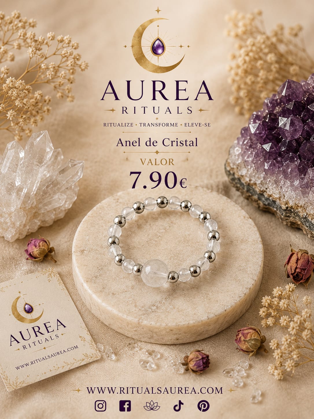 Anel de Cristal Natural Quartzo Transparente